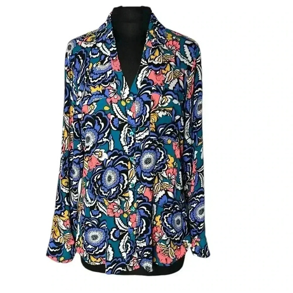 Express Tops - Express Blue Multicolor Floral Button Front Long Sleeve Blouse Size L